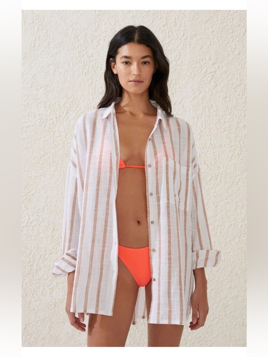 Cotton On Other - Cotton On Women’s White and Brown Striped Swim Coverup